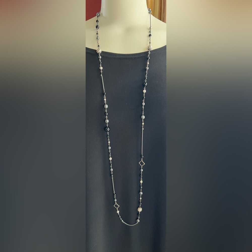 David Yurman 48” Long Sterling Silver Onyx Hematine Elements Necklace Bijoux